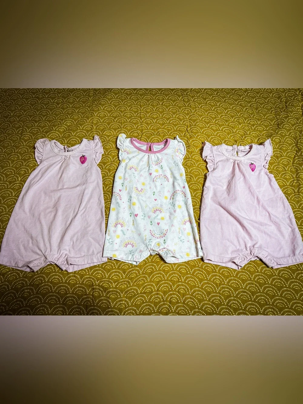 chick pea Girls' Pink & White Rainbow Heart Romper Trio